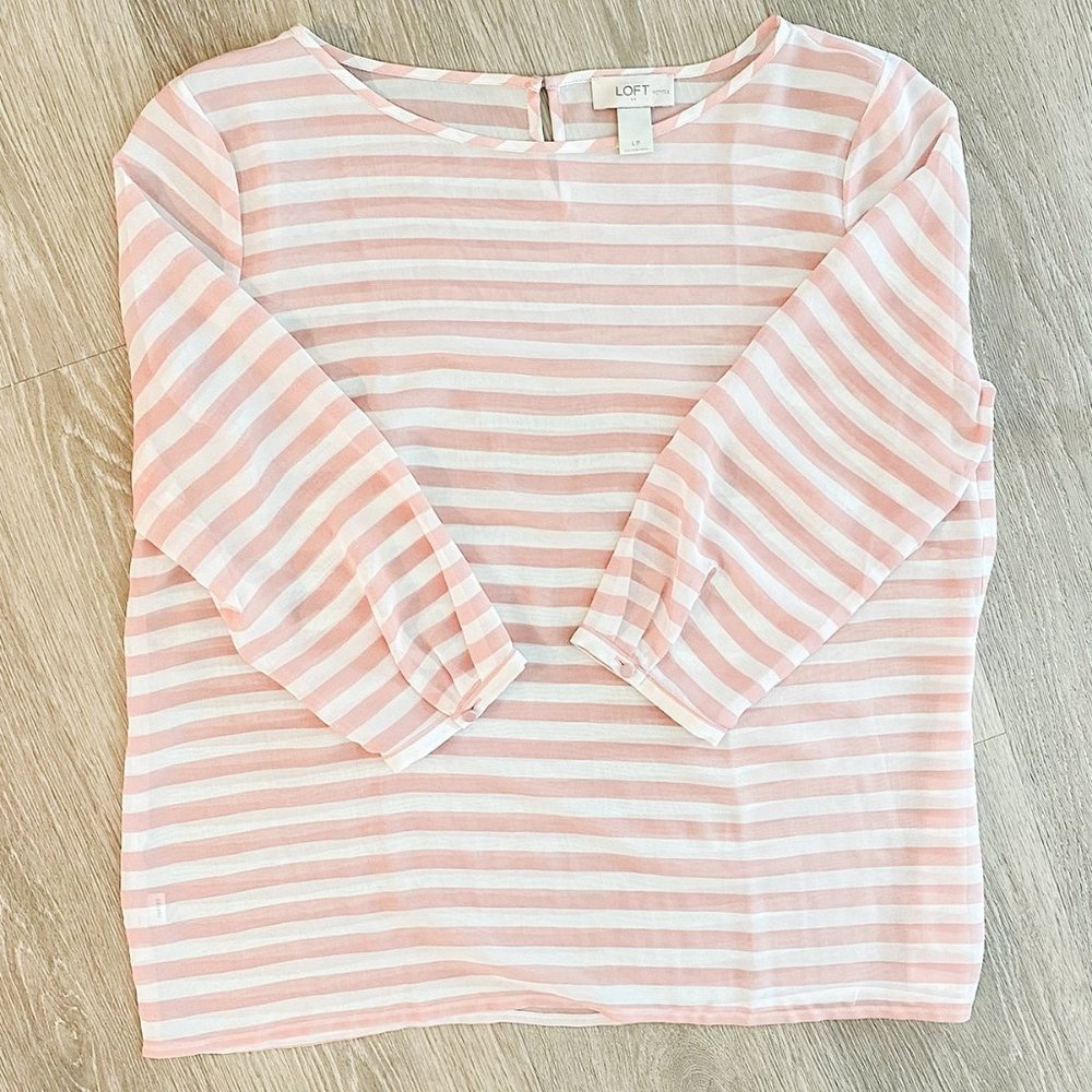 Ann Taylor Loft Sheer Pink & White Stripe Top - Petite